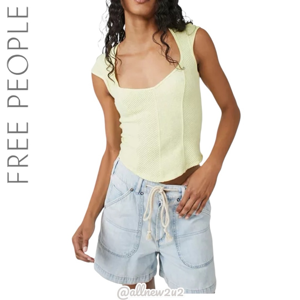 Free People- Boss Babe Mitered Pale Yellow Top Small Multi